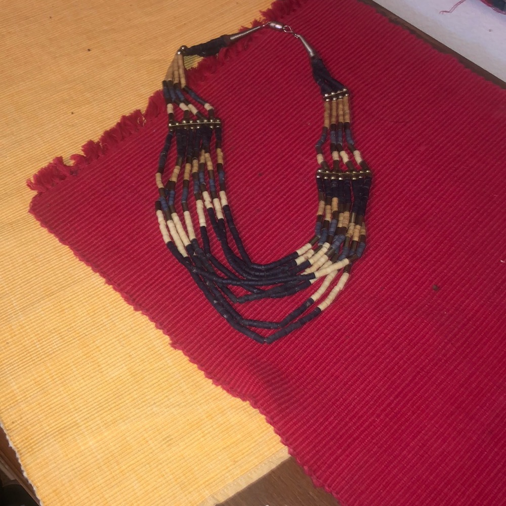 Tribal boho multi strand blue gray & cream necklace